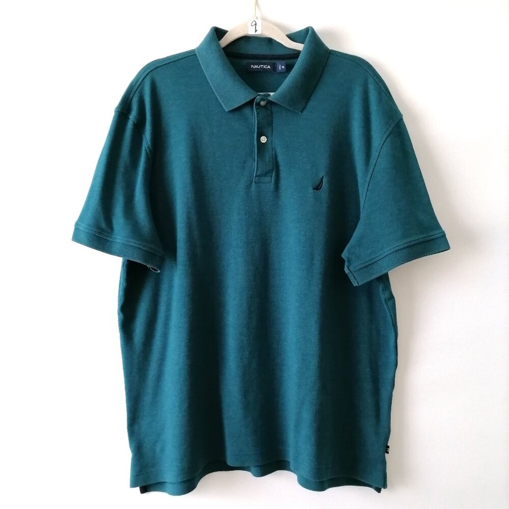 Nautica Mens Teal Blue Embroidered Logo Short Sleeve Stretch Polo Shirt Size XXL